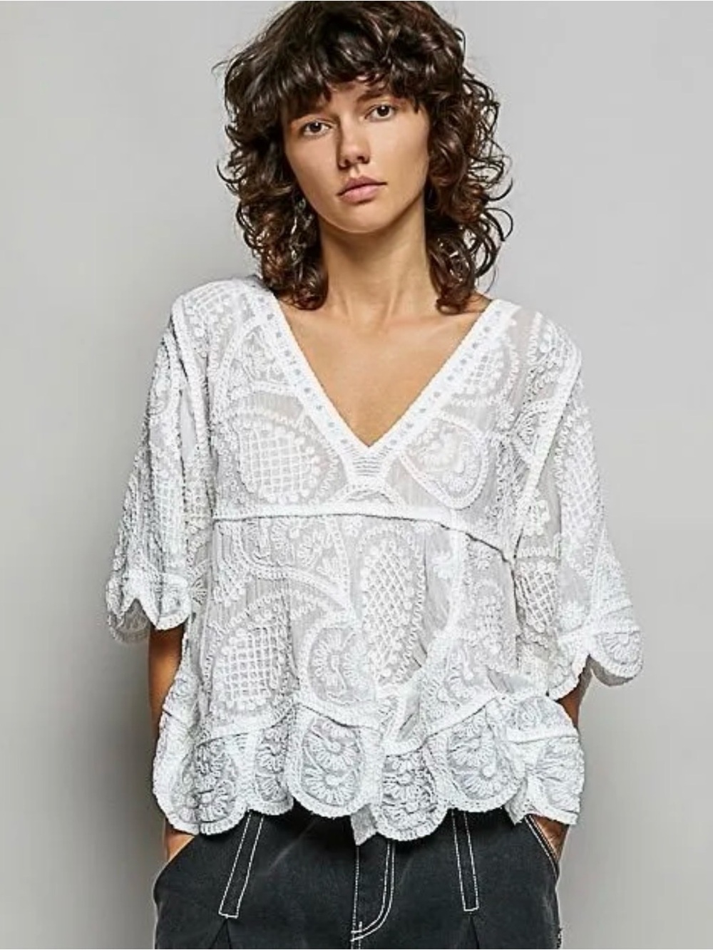 43. Pol crochet embroidered white v neck top
